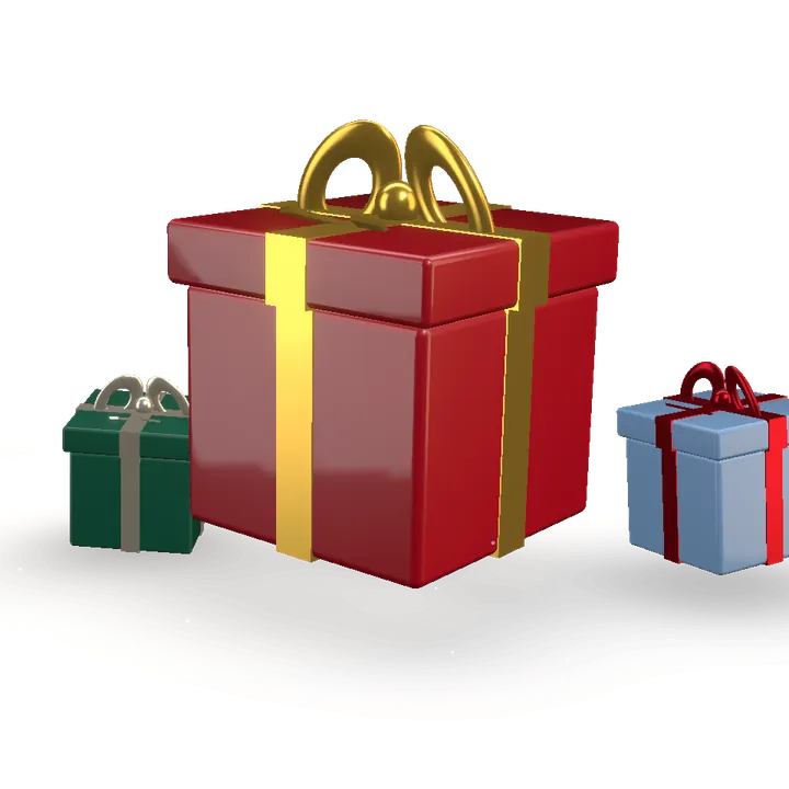 A glossy red gift tied with a gold bow, among falling snow